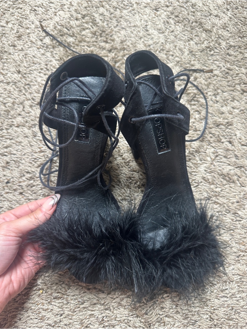 Topshop Black Faux Fur Lace Up Heels 6